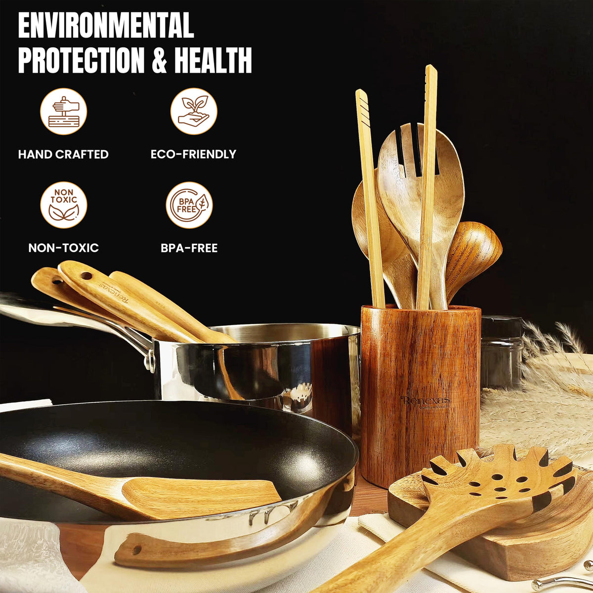 Renexas 12 Pcs Teak Wooden Spoons for Cooking– Non-Toxic, Non-Stick Kitchen Utensils Set Wood Spatulas with Hooks, Spoon Rest & Holder – Lightweight, Heat Resistant, Eco-Friendly.