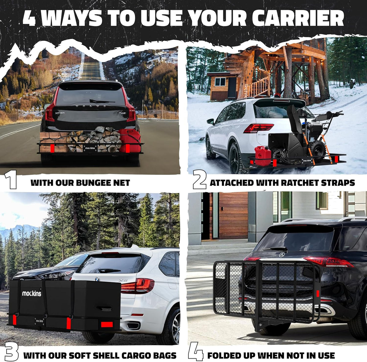 Mockins 60"x20"x6" Trailer Hitch Cargo Carrier | Weatherproof Steel Folding Luggage Rack for Car, SUV & Truck w/ 500 lbs. Capacity | 2" Receiver Hitch Rack Luggage Carrier & Cargo Trailer Accessories