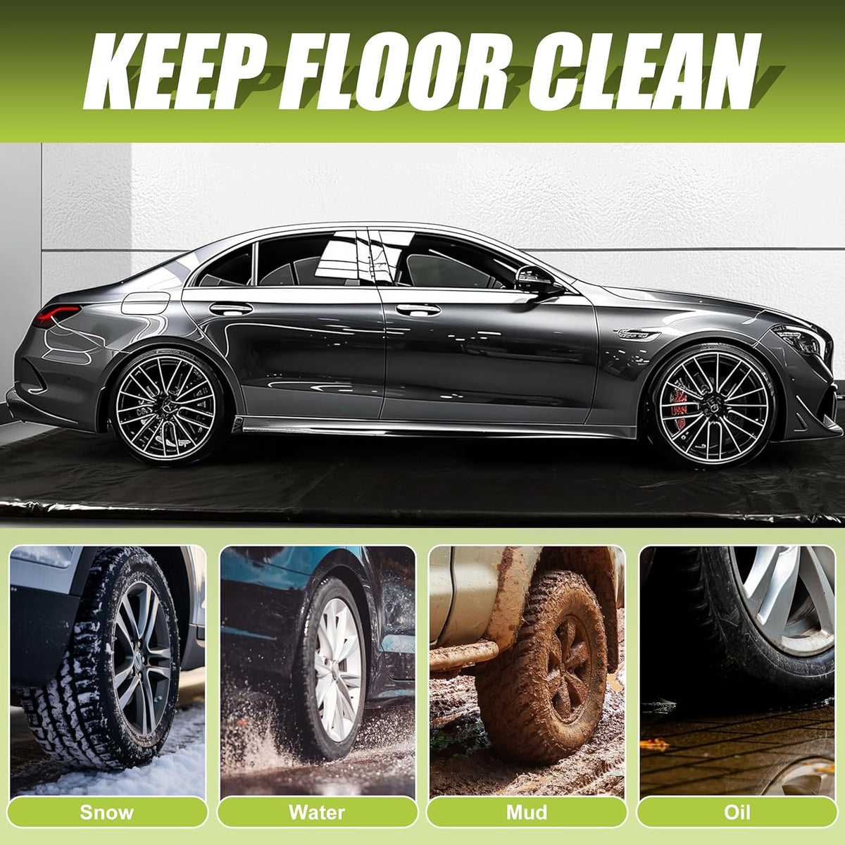 Rain Mat for Car, Black Garage Rubber Car Mat for Snow, Mud, Rain(7ft 9in x 16ft)