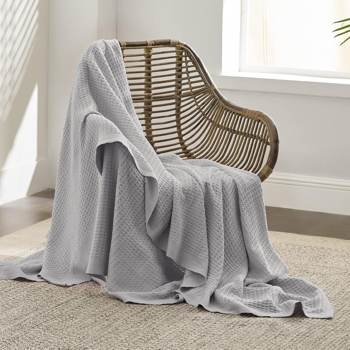 Bedsure 100% Cotton Large Throw Blanket for Couch 50x70 inches - Breathable and Soft, Waffle Weave Throw Blanket for Office, Grey
