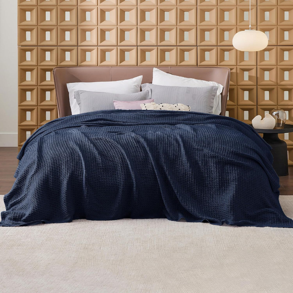 Bedsure 100% Cotton Blanket King Size for Bed - Breathable and Soft, Waffle Weave Blanket for Summer, Thick Cozy Fall Blankets for Women Gift, Pageant Blue, 104x90 inches