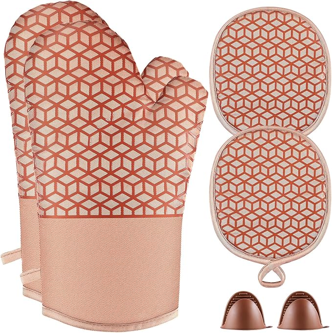 Oven Mitts And Pot Holders Set 6Pcs,Kitchen Oven Glove,High Heat Resistant 500°F Large Size Oven Mits And Potholders With Soft Cotton Lining And Non-Slip Silicone Surface For Cooking (Brown)