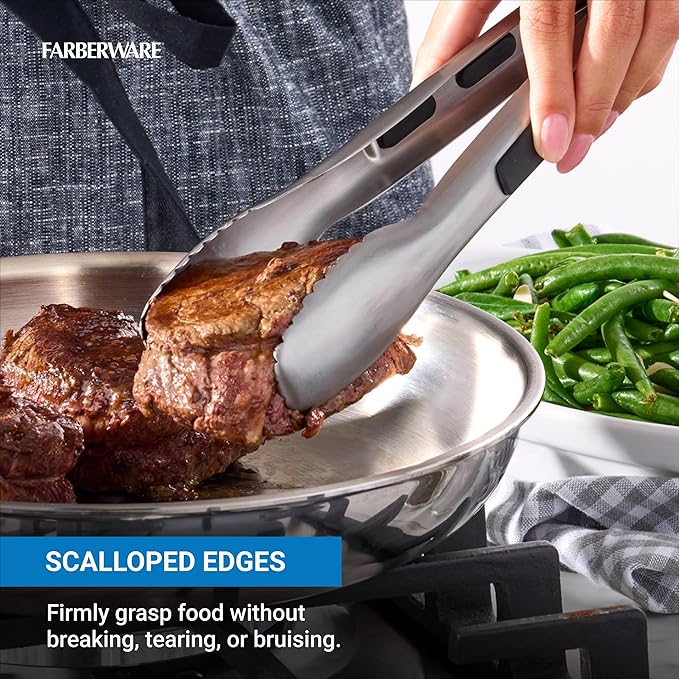 Farberware Stainless Steel Kitchen Tongs 9 Inch Locking Heat Resistant Ergonomic Handle Scalloped Tips Durable Dishwasher Safe Cooking and Serving Tool