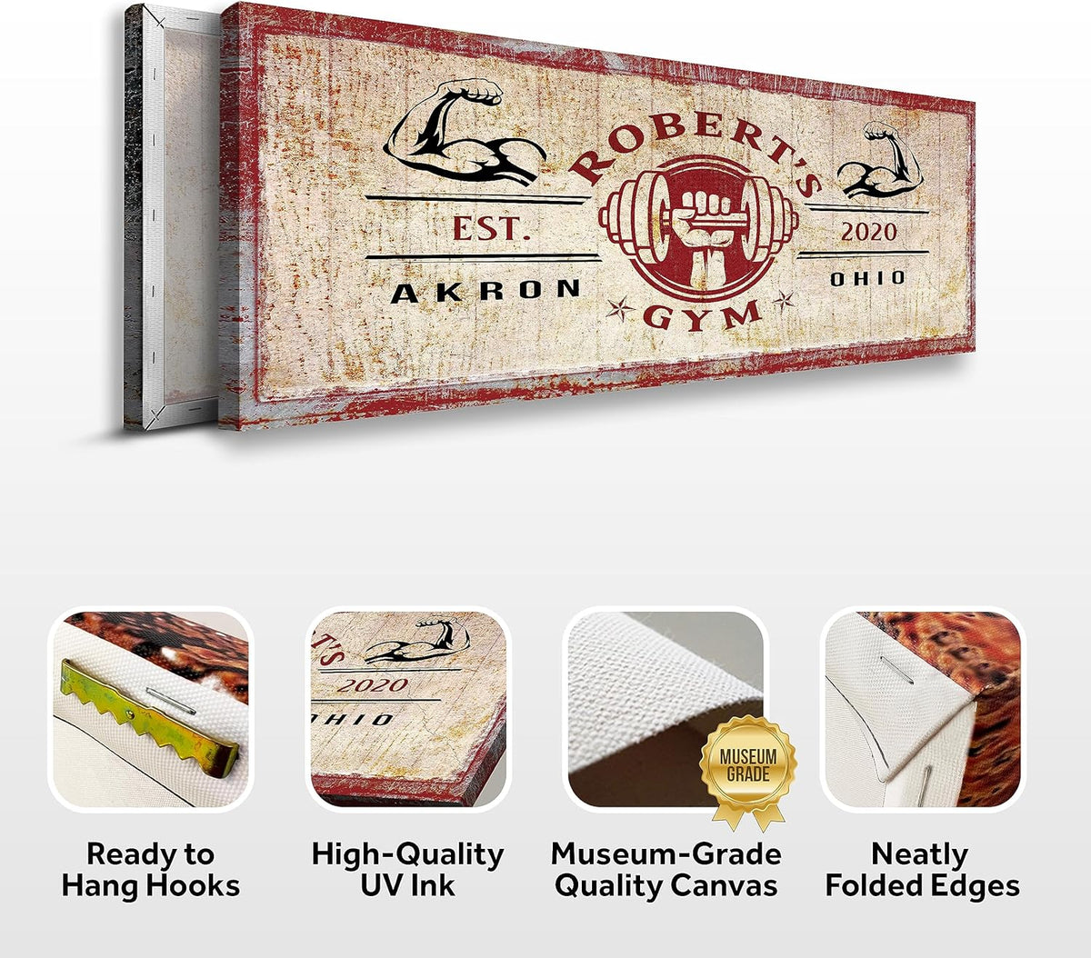 Tailored Canvases Personalized Gym Sign Wall Art Decor - Motivational Canvas for Home Gym, Workout Room, Garage, Fitness Center - Workout Inspirational Posters - One Hand Dumbbell on Rustic Red, 36x12in
