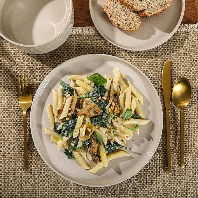 Gibson Elite Solana Coast 12 Piece Stoneware Reactive Glaze (Service for 4) Ceramic Plates and Bowls Modern Shape Embossed Dinnerware Set - Cream White