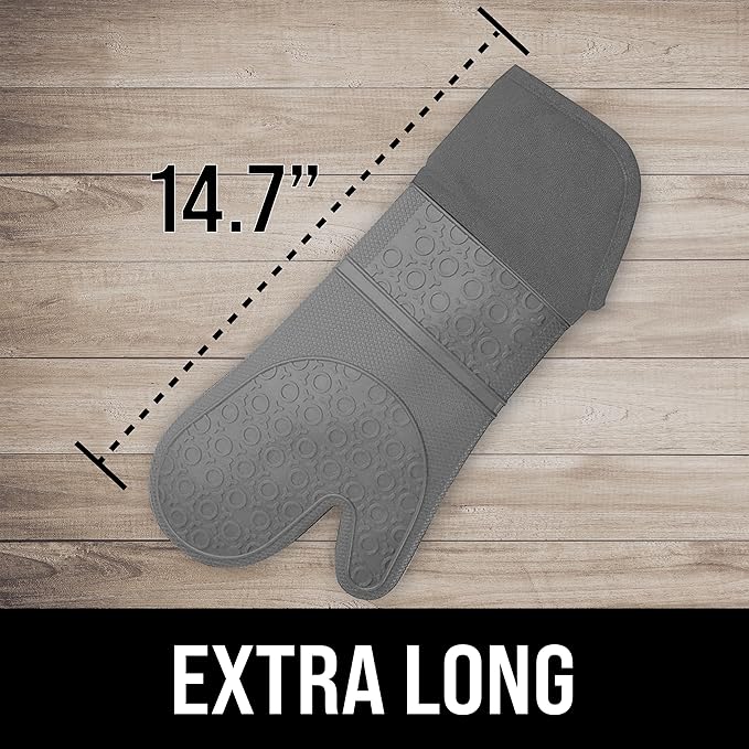 BPA-Free Soft Silicone Oven Mitts - Ultra Heat Resistant Oven Mitts with Thick Cotton Liner - Extra Long Slip Resistant Pot Holders, Flexible Oven Gloves - Gray 14.7"