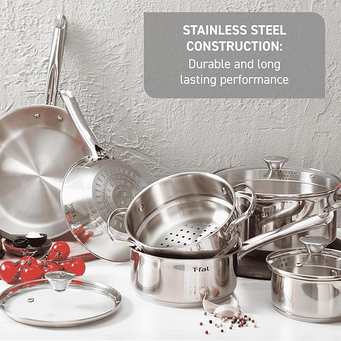 T-Fal Gourmet Stainless Steel Fry Pan 12.5 Inch Induction Compatible Skillet Pan, Fast and Even Heating, Oven Safe to 500F, Professional Grade Cookware for Home Chefs