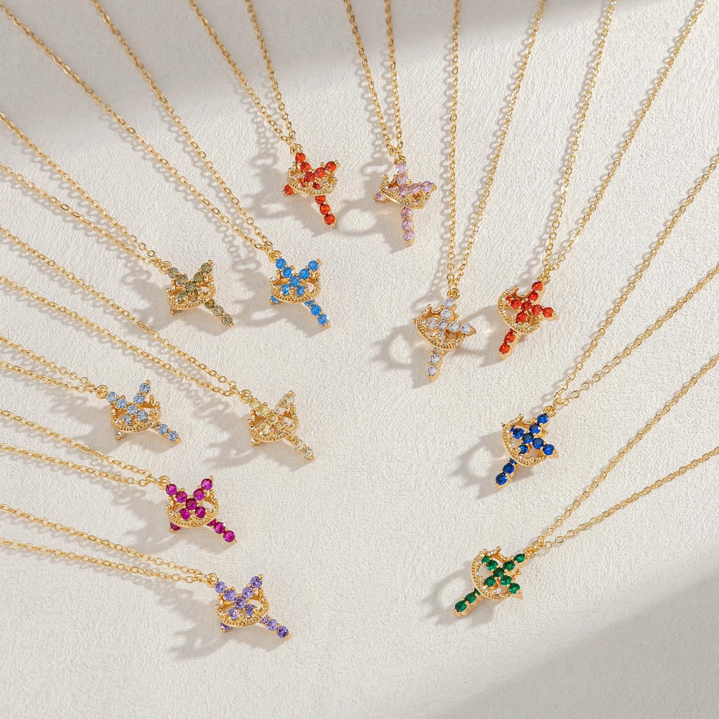 Robaice Birthstone Crown Cross Necklace for Women, Gold-Plated Christian Faith Necklace, Cross Jewelry Gift for Women, September Blue Sapphire Gift