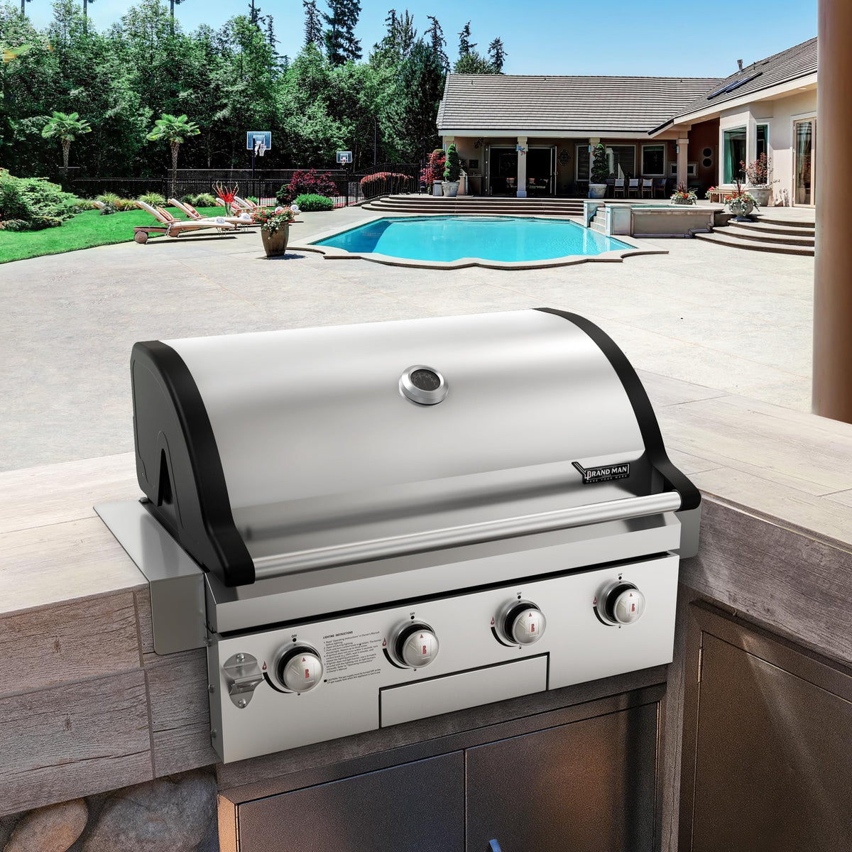 Brand-Man Gas Grill Built-In Head, 30-Inch 4-Burner Propane Grill, Natural Gas Convertible, Heavy Duty 304 Stainless Steel 40,000BTUs BBQ Island Outdoor Kitchen