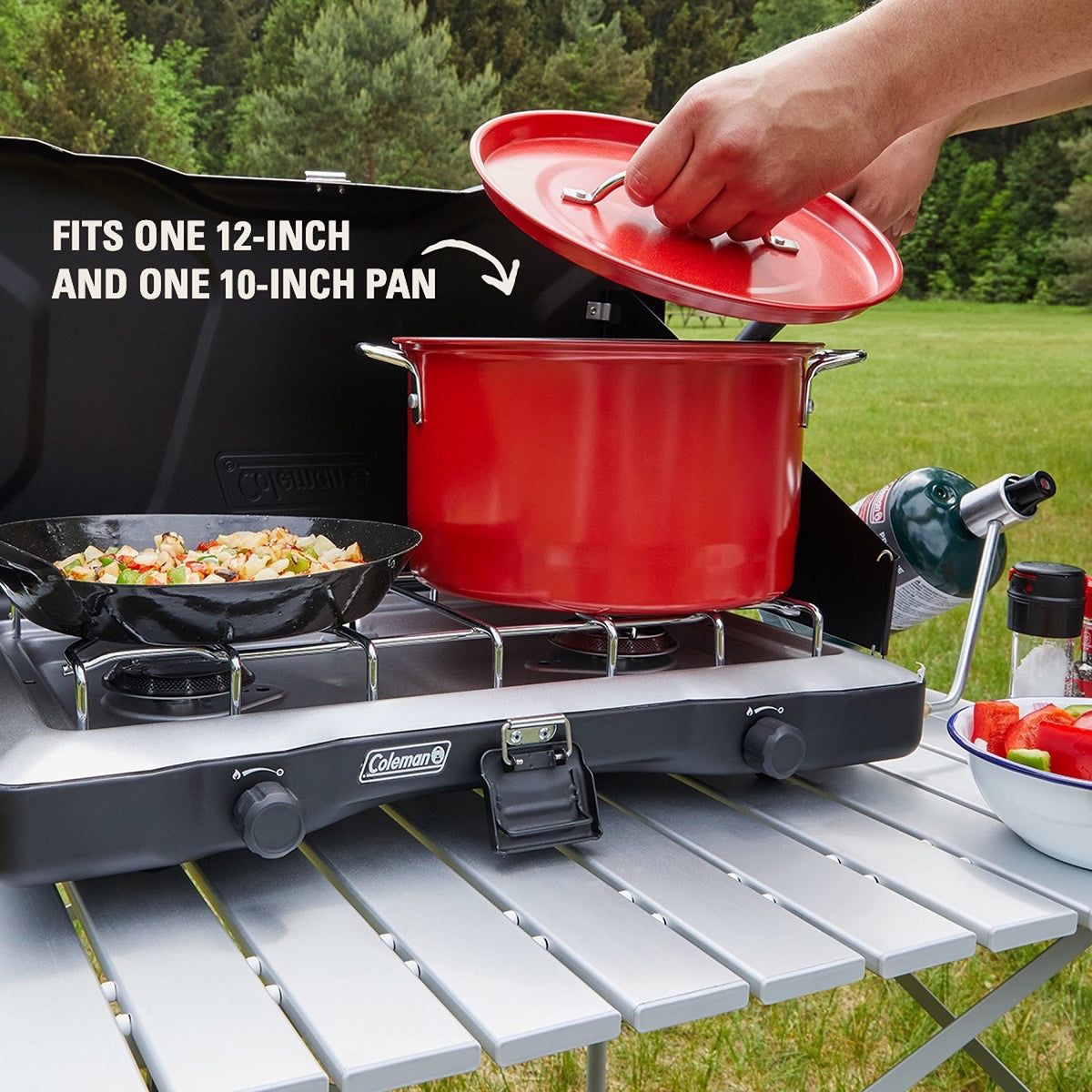 Coleman Triton+ 2-Burner Propane Camping Stove with InstaStart Ignition, Portable Camping Cooktop with 2 Adjustable Burners & Wind Guards, 22,000 BTUs of Power for Camping, Tailgating, Grilling