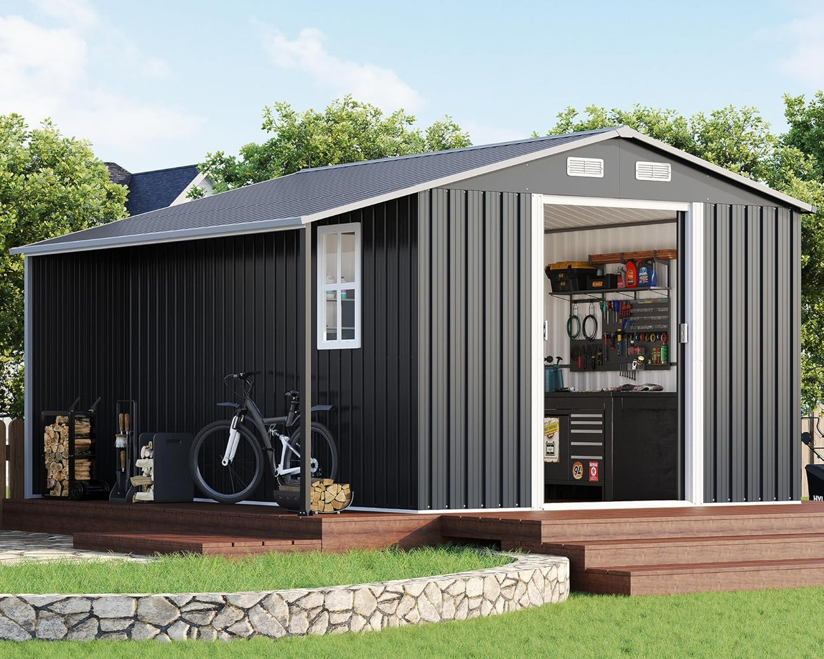 AMERLIFE 10.6x10.3x6.3 FT Galvanized Metal Storage Shed with Open Firewood Bay, Sliding Doors & Ramp, 2 Windows & Vents, Weather-Resistant Outdoor Tool/Garden Shed, Dark Grey/White