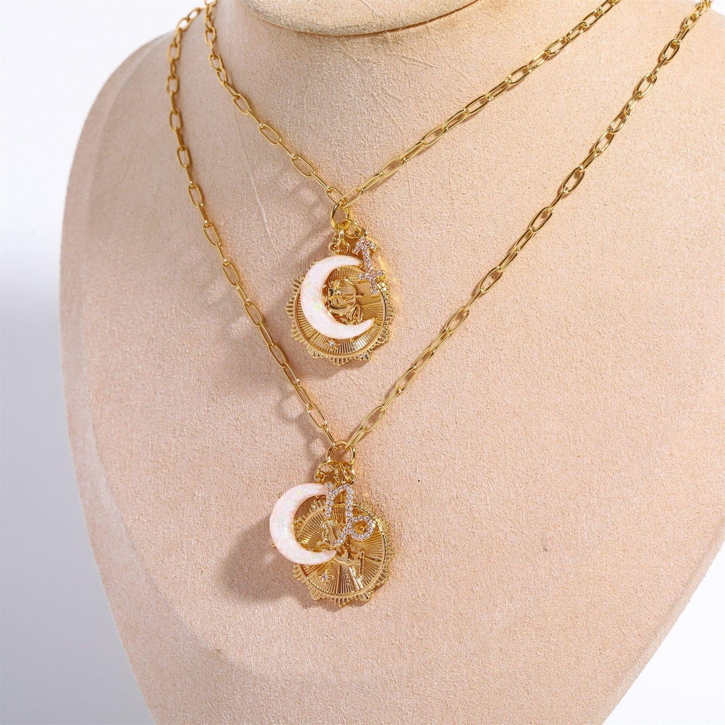 Lanadale Dainty Gold Sagittarius Zodiac Coin Opal Crescent Moon Charm Necklace for Women Trendy 18K Gold Plated Retro Paperclip Chain 12 Constellation Horoscope Necklaces Astrology Jewelry Gifts