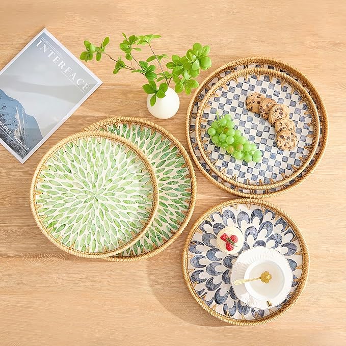 Round Rattan Tray with Mother of Pearl Inlay, Rattan Serving Tray with Wooden Base, Decorative Wicker Basket for Table Decor, Storage and Display of Coffee Bread Food Fruit (Leaf 13.5")