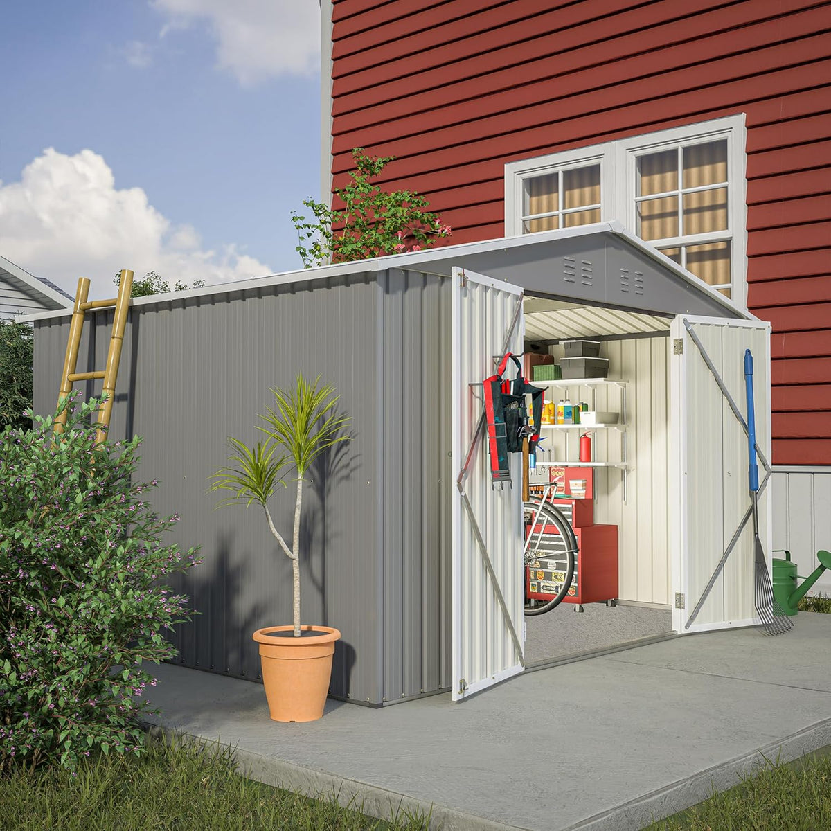 10X8 FT Outdoor Tool Storage Shed with Metal Foundation & Lockable Doors, All Weather Metal Sheds for Garden, Patio, Backyard, Lawn