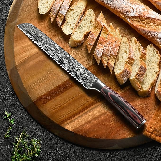 Sunnecko Bread Knife 8 Inch, High Carbon Stainless Steel Serrated Bread Knife for Homemade Bread, Wedding Cake Knife with Wooden Handle Serrated Kitchen Knife with Sheath