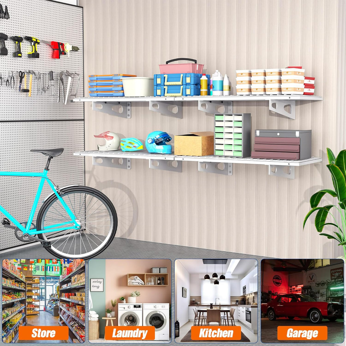 2-Pack 1.5x3FT Garage Shelving 17.7-inch-by-35.8-inch Wall Shelf Garage Storage Rack Wall Mounted Floating Shelves,White