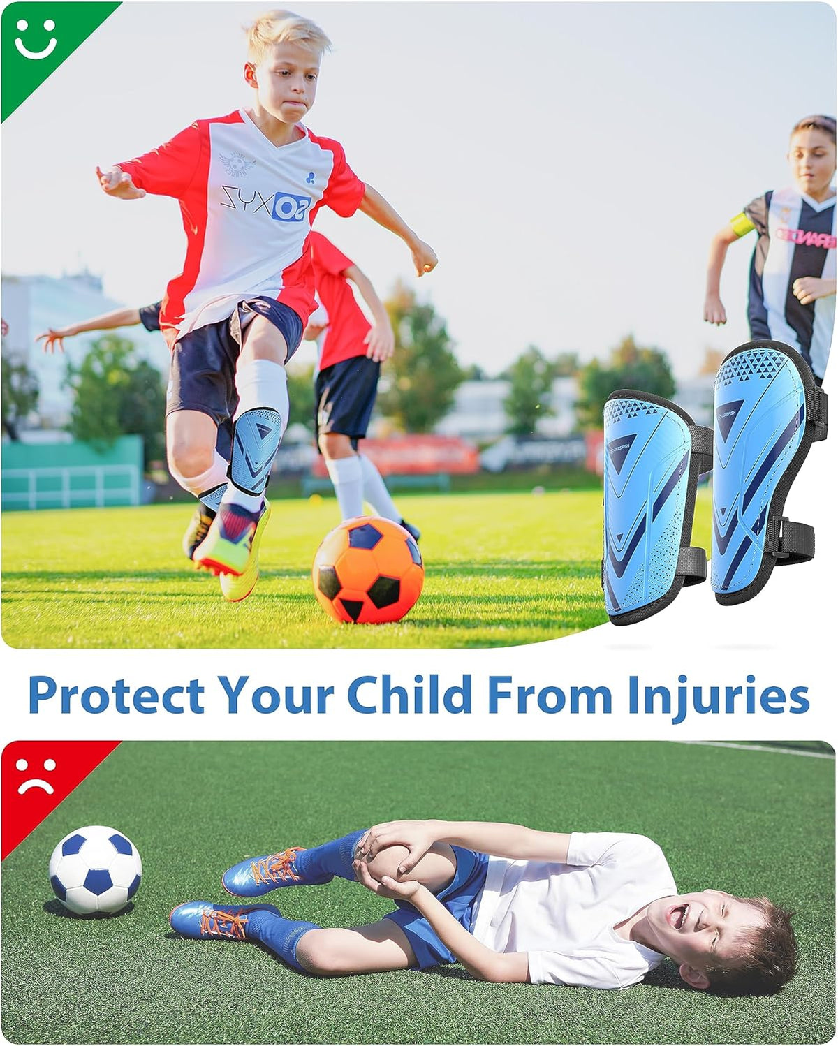 Shin Guards Soccer Kids Youth, CE Certified Airsfish Shin Guard Protection Gear for 2-18 Years Old Boys Girls Teenagers High Impact Resistant Breathable Comfortable 1 Pair 4 Sizes