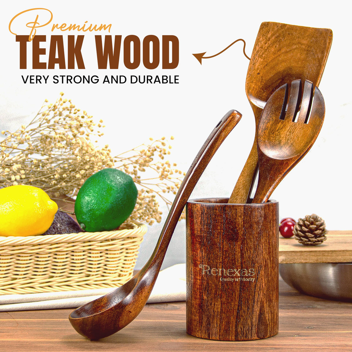 Renexas 12 Pcs Teak Wooden Spoons for Cooking– Non-Toxic, Non-Stick Kitchen Utensils Set Wood Spatulas with Hooks, Spoon Rest & Holder – Lightweight, Heat Resistant, Eco-Friendly.