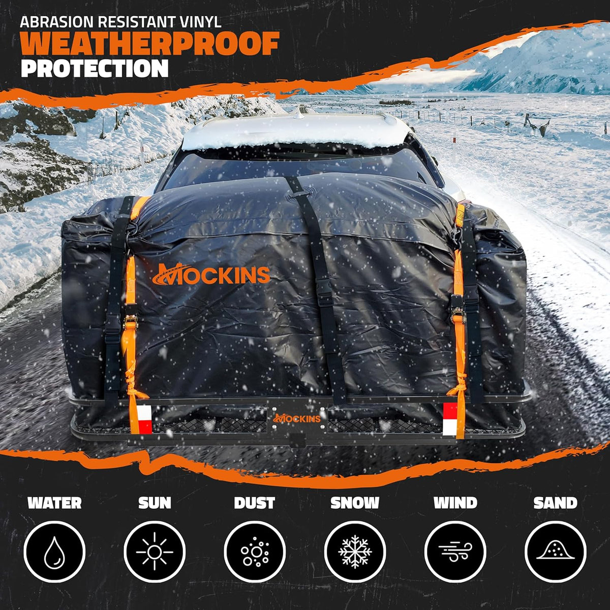Mockins 60"x24"x6" Weatherproof Trailer Hitch Cargo Carrier & 25 Cu.Ft. Waterproof Cargo Bag | 500 Lbs. Capacity Folding Luggage Rack for Car Hitch w/All-Weather Truck Bed Storage Bag & Accessories