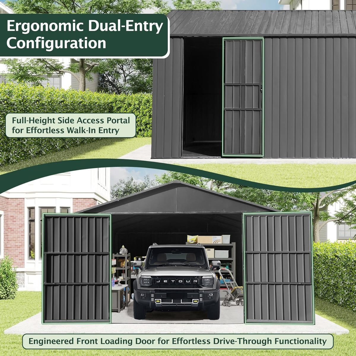 Domi 12’x15’ Outdoor Metal Garage Shed, Weatherproof Enclosed Carport with Sidewalls & 2 Lockable Doors, Backyard Storage Shed for Car, Bike, Motorcycle, Lawn Mower, 80MPH Wind Resistance, Dark Grey