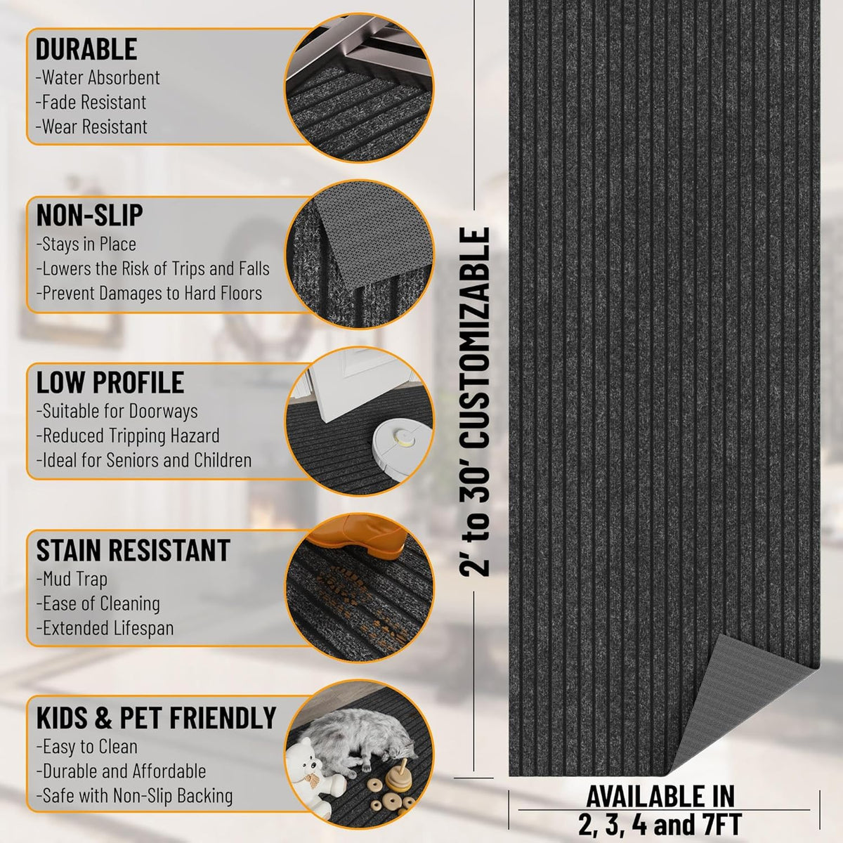 Ottomanson 2' x 31' Hallway Runner with Scraper Pile Extra Durable Non-Slip Rug Mat for Indoor & Outdoor Use - Ideal for Kitchen, Entryway, Patio & Garage - High-Traffic Carpet, Black