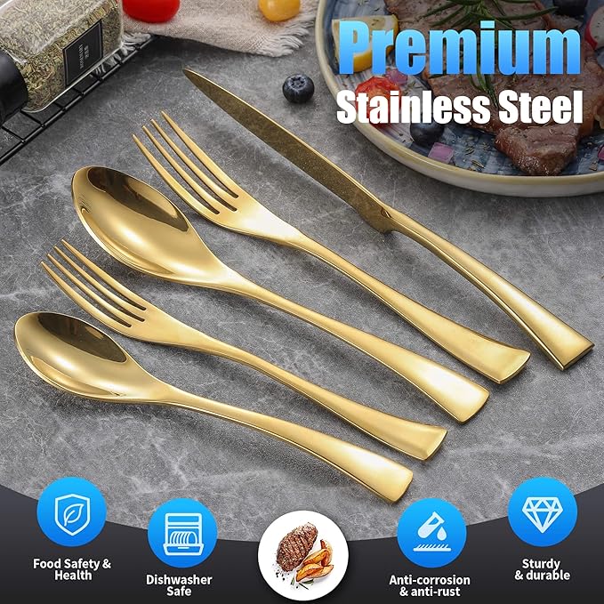 Lemeya 20-Piece Gold Silverware Set for 4,Heavy Duty 18/10 Stainless Steel Cutlery Set with Forged Stand Knife,Modern Flatware Utensils Set,Forks Spoons and Knives Set,Mirror Polished,Dishwasher Safe