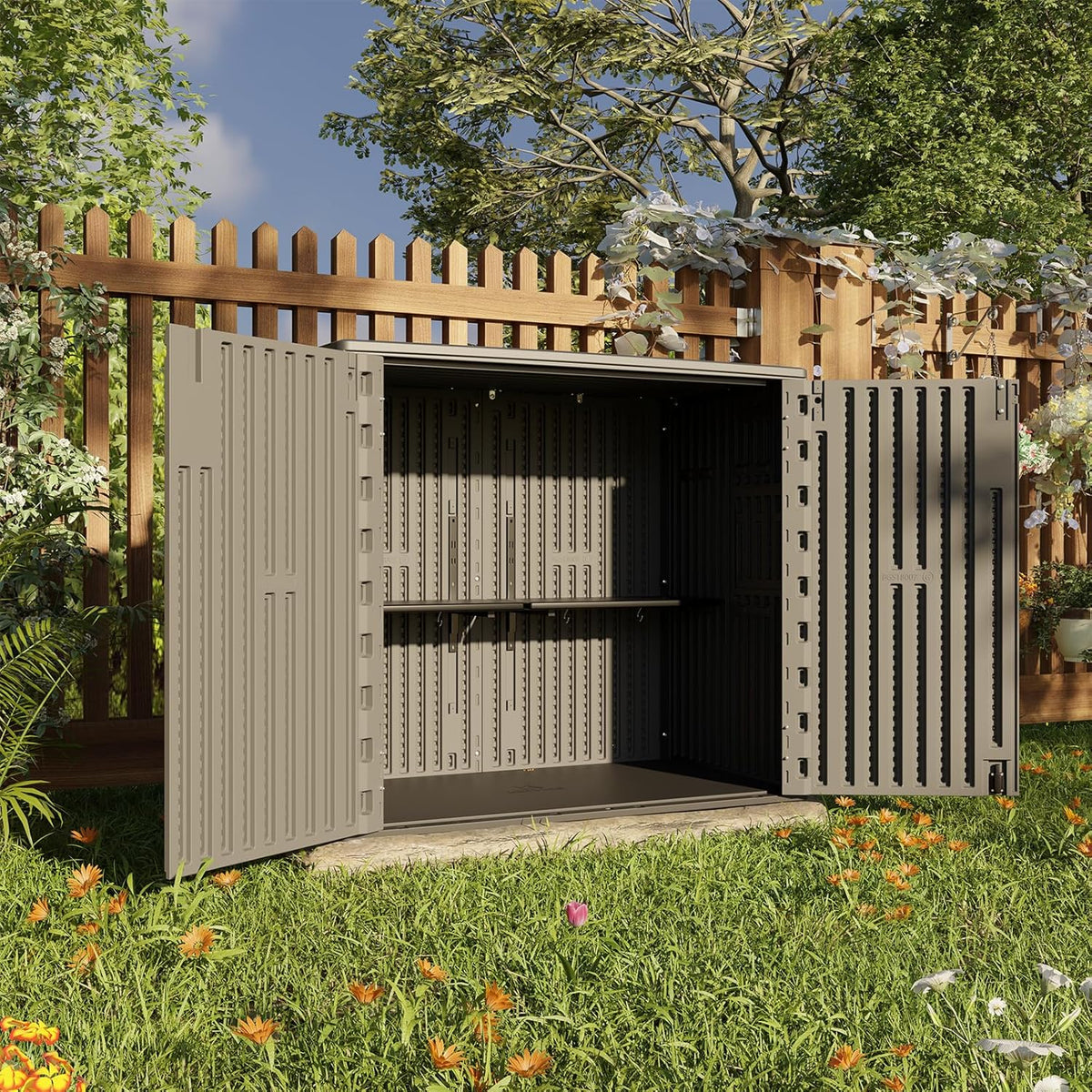HOMSPARK 37 Cu.Ft Outdoor Storage Shed Weather Resistant, Multi Functional | Double-Wall Resin Storage Sheds & Outdoor Storage Box Waterproof for Backyard Garden Patio Lawn (Shallow Coffee)