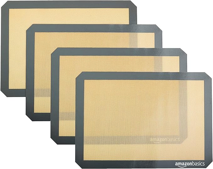 Amazon Basics Non-Stick Silicone Baking Mat, Food Safe, Dishwasher Safe, Heat Resistant, 16.5" x 11.6", Beige/Gray, Rectangular, 4-Pack