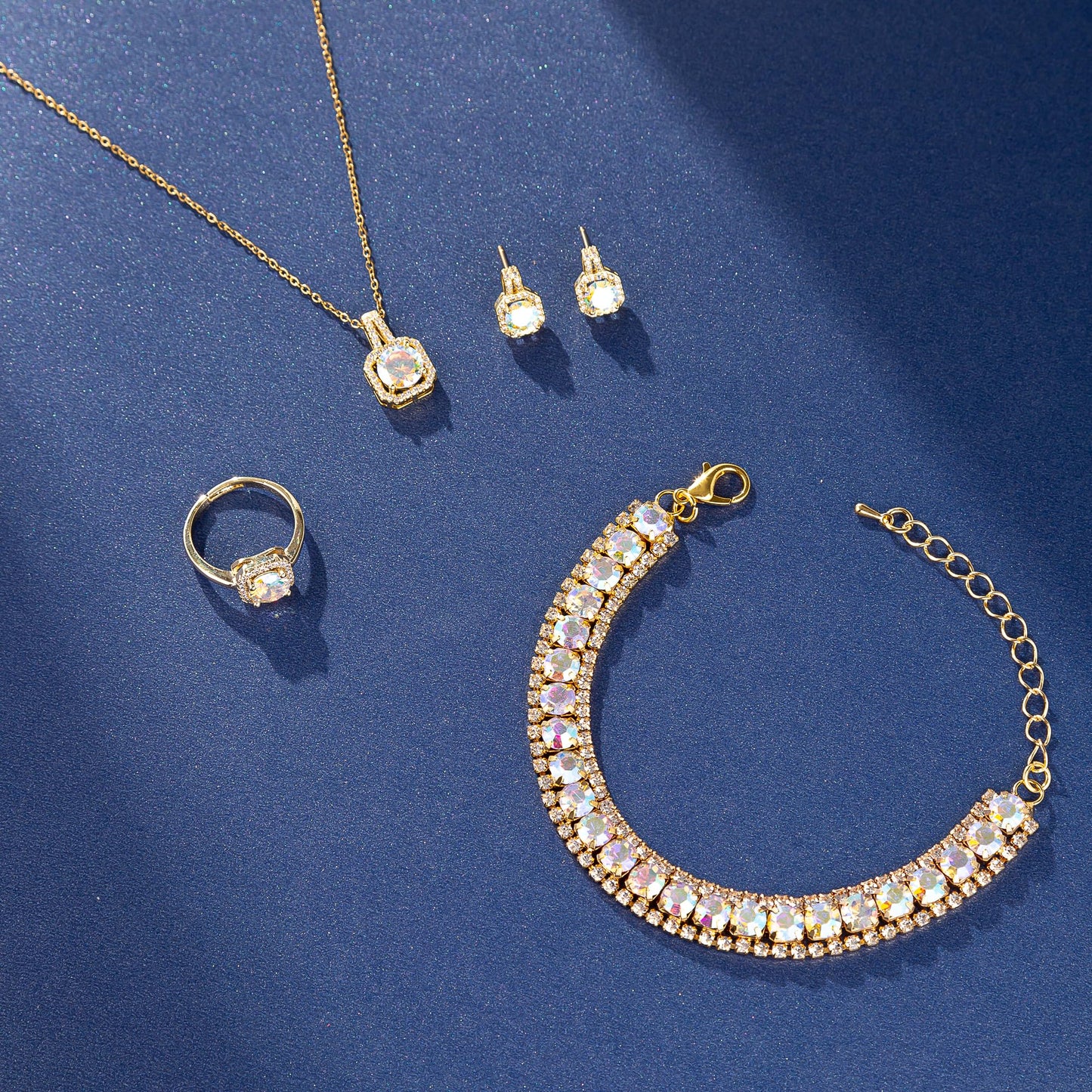 4pcs Cubic Zirconia Wedding Jewelry Sets for Bride Bridesmaid Cubic Zirconia Pendant Necklace Earrings Link Tennis Bracelet Open Ring Set (Gold Plated Iridescent AB Cubic Zirconia)