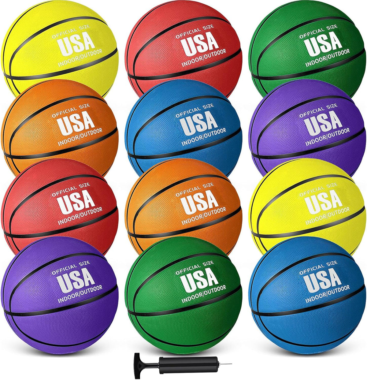 Libima 12 Pcs Rubber Basketballs Bulk with Pump Official Size Multicolor Basket Balls Streetballs Set for Kids Youth Adult Sports Gifts Indoor Outdoor Training Games Back to School