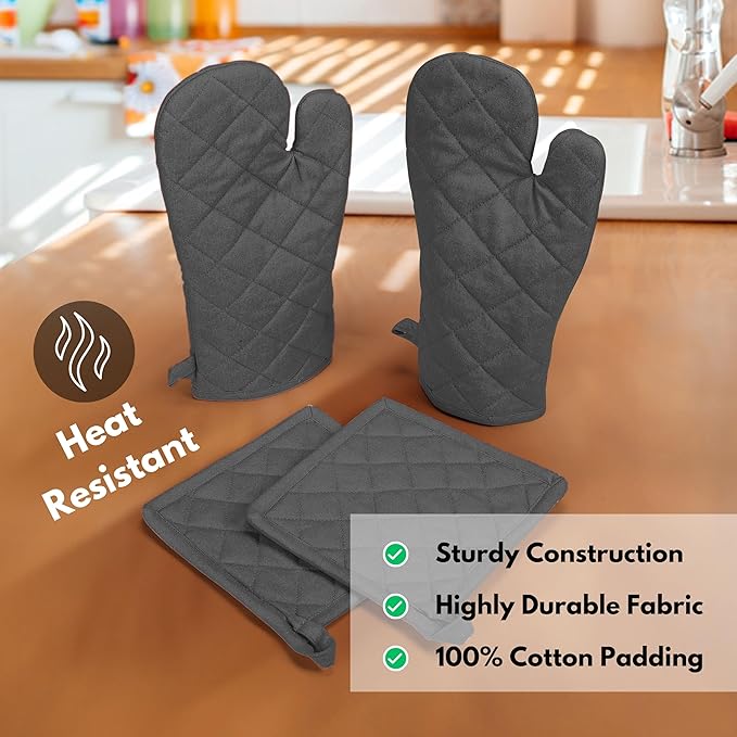 Native Fab Farmhouse Oven Mitts and Pot Holders Set of 4, Heat Resistant Non-Slip Machine Washable, 100% Cotton Kitchen Pot Holders Oven Mitts Sets Grey