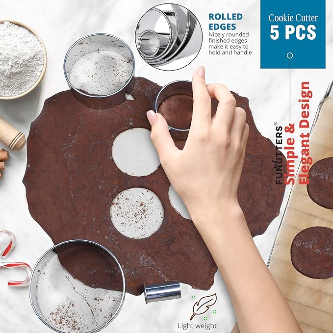Cookie Cutter Set, 5 Pc. Kit, Measuring 1'', 2'', 3'', 4'' and 5'', Round Metal Baking Rings for Pastry, Biscuits, and Dough Cutting, Heavy Duty and Reusable, Multiple Sizes