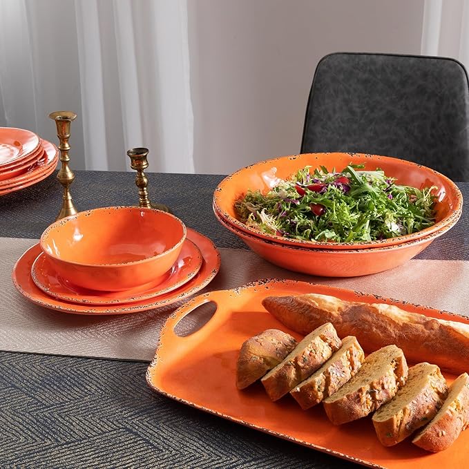 Vintage Melamine 17" x 10" Serving Platters for Serving Food, Set of 2, 100% Melamine Large Rectangle Serving Trays Sets for Fruit, Appetizer, Dessert, Home and Party Use. Orange