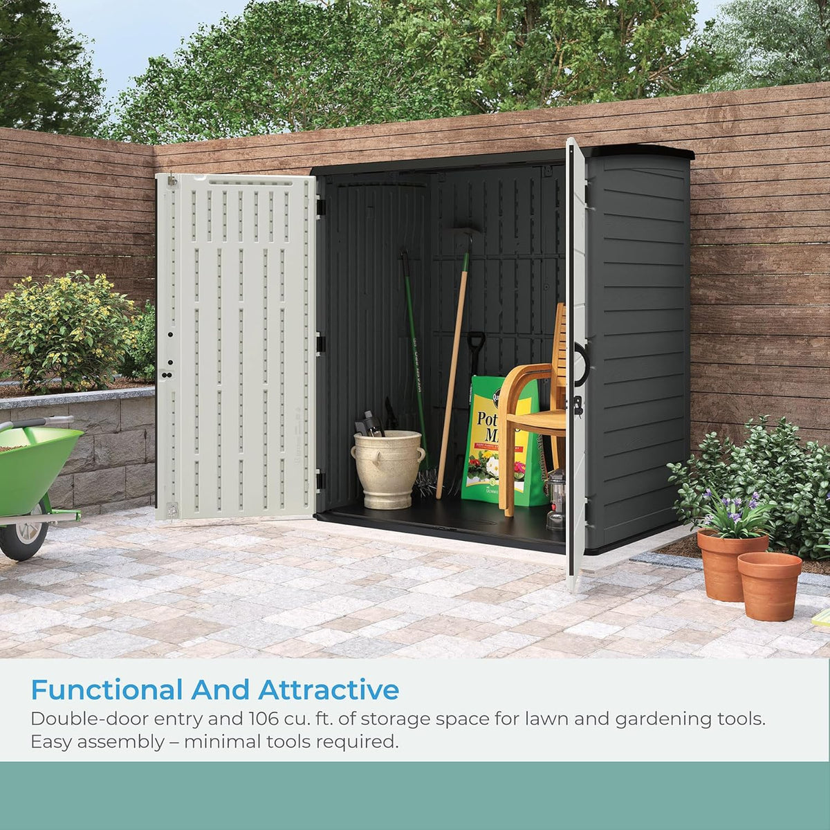 Suncast Extra-Large Vertical Storage Shed for Yard Storage, All-Weather Outdoor Storage Shed with 2 Lockable Doors, 70.5" W x 44.25" D x 77.5" H, Peppercorn, Made in The USA