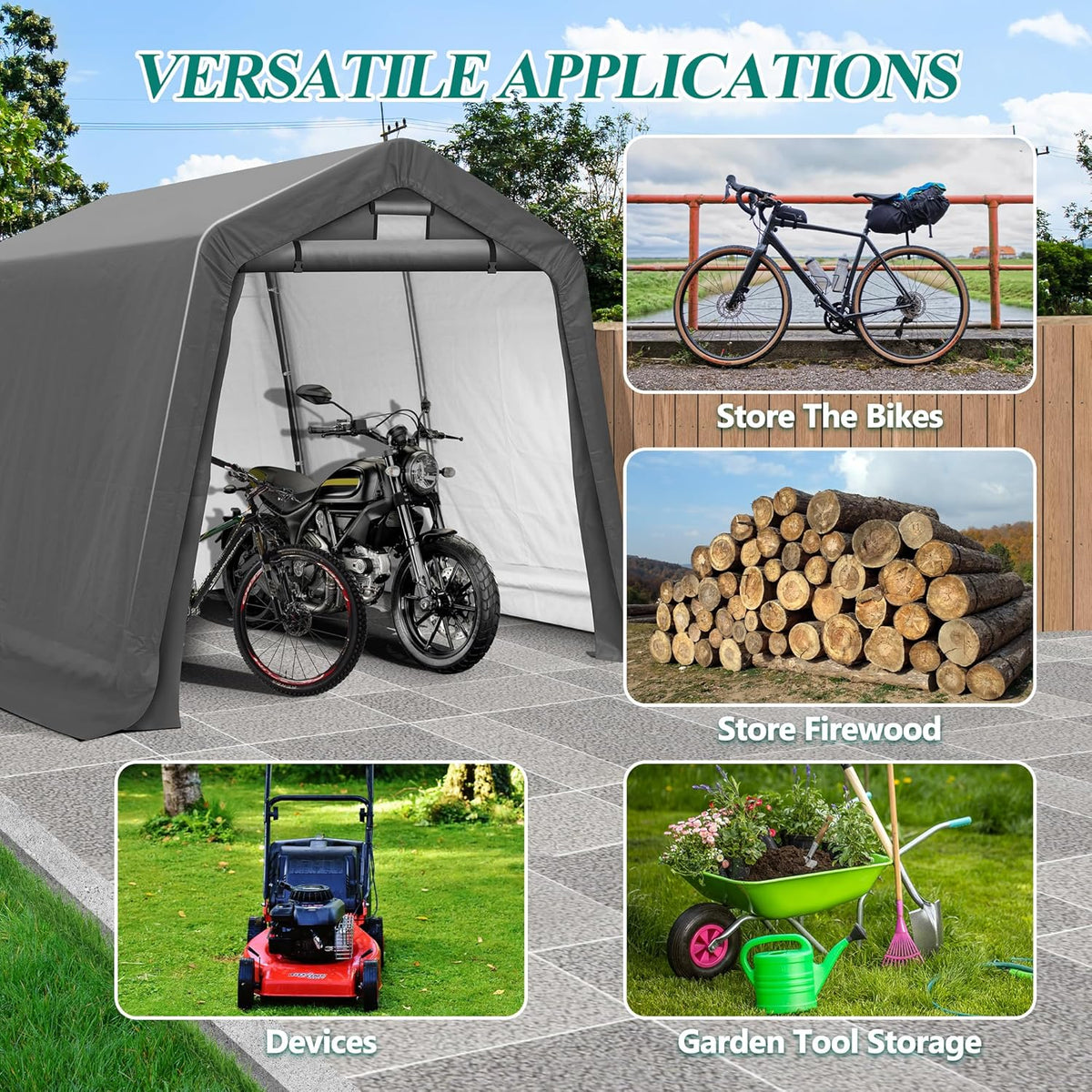 8' x 8' Outdoor Storage Shelter Shed- Heavy Duty Storage Tent with Roll-up Ventilated Windows, Portable Garage Zipper Storage shed for Bike, ATV, Motorcycle Shelter, Gray