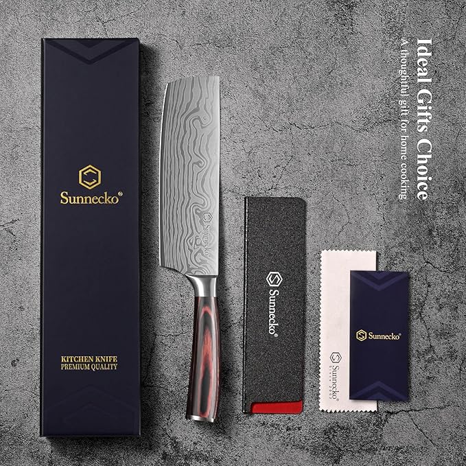 Sunnecko Japanese Nakiri Knife 7 Inch - Carbon Steel Chef Knife Vegetable Cleaver with Sheath, Kitchen Gift for Home Cooks, Professional Kitchen Knife Gift Box