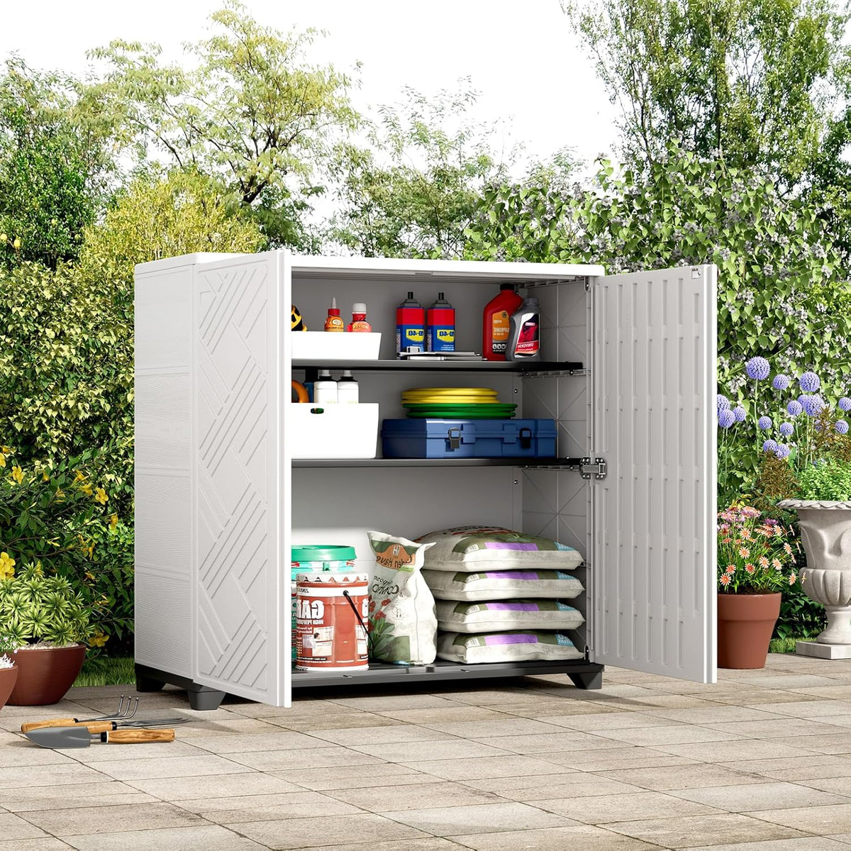 ZZM Indoor/Outdoor Storage Cabinet Waterproof, 34"x15"x34" Plastic Outdoor Storage Box for Garden Balcony Bathroom, All Weather Outdoor Storage Clearance, DIY Usage, with 1 Shelf (White)