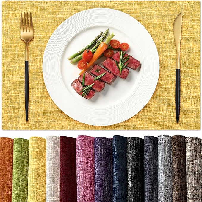 KXN Placemats Set of 8, Dual-Layer Thickened Faux Linen Table Mats, Heat Resistant & Wrinkle-Free, Machine Washable Cloth Place Mats for Kitchen Dining Indoor Outdoor (Yellow)