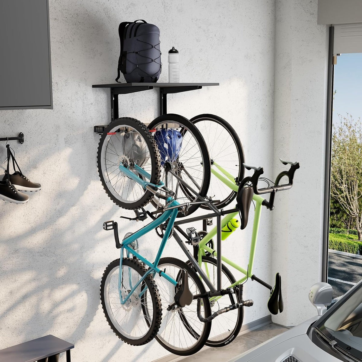 Mount-It! WheelsUp Bike Wall Mount with Shelf | Garage Storage Rack for 3 Bikes & Accessories | Adjustable Padded Hooks, 110 lb Shelf Capacity | Ideal Bike Rack Garage Wall Mount for Organized Spaces