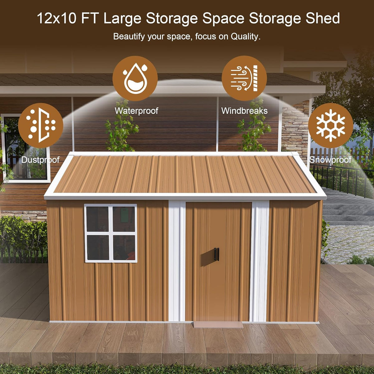 12 x 10 FT Outdoor Storage Shed, Metal Garden Tool Shed with Slooping Roof, Lockable Doors and Windows, All-Weather Weatherproof Blike shed for Garden, Patio, Lawn, Yellow