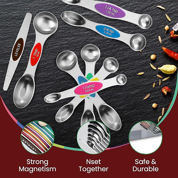 Magnetic Measuring Spoons Set of 9 Stainless Steel Dual-Sided Stackable Measuring Spoon Nesting Teaspoons Measuring Dry and Liquid Ingredients, Fits in Spice Jars Set of 9 (Multicolor)