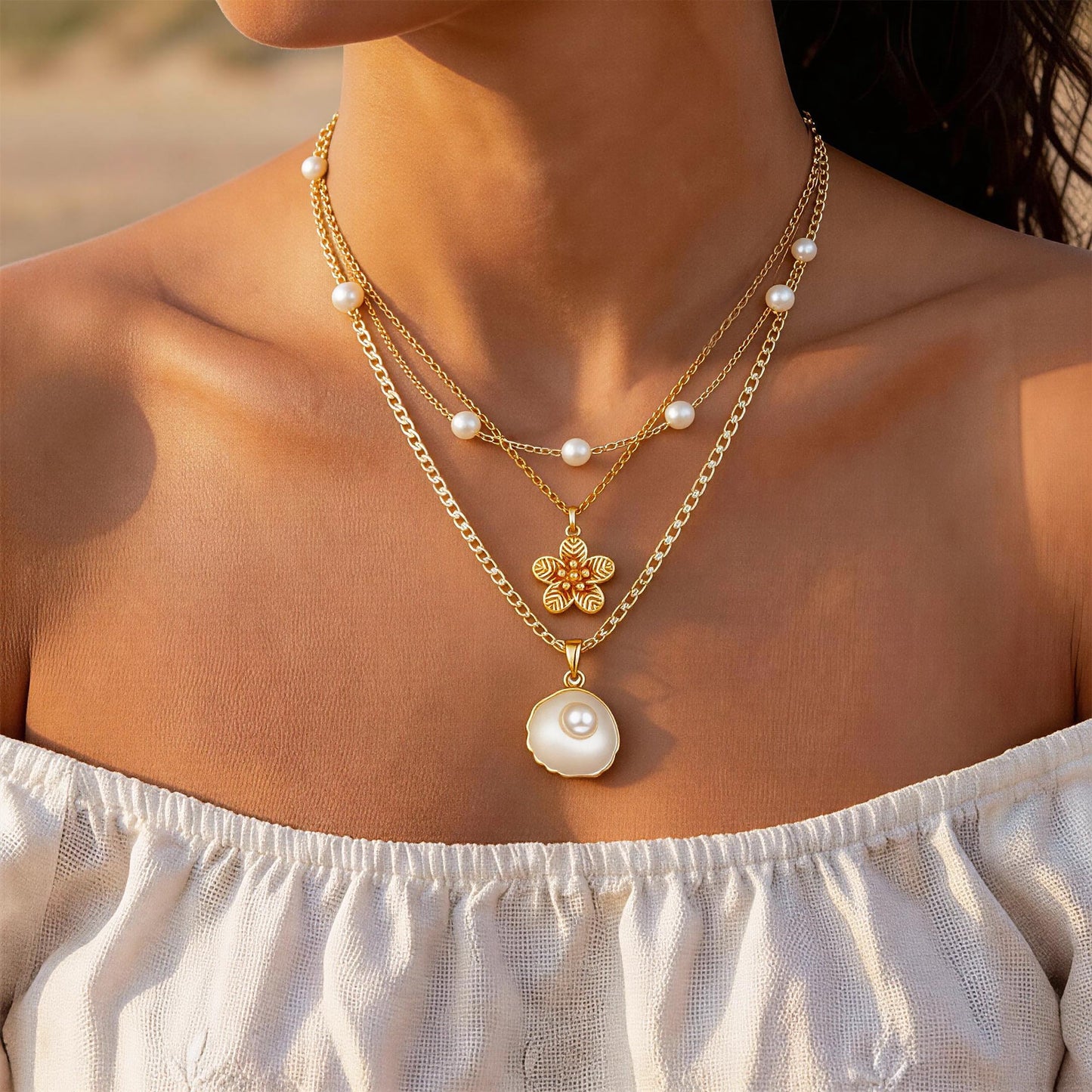 KummerSaprk Seashell Necklace Summer Vacation Jewelry for Women Gold Beachy Necklace Stack Starfish Flower Cowrie Sea Shell Pendant Necklaces Summer Essentials Accessories Gifts