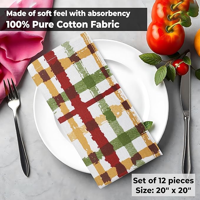 Urban Villa Cloth Napkins Autumn Prints Dinner Napkins Set of 12 20X20 100% Cotton Absorbent Washable Durable Reusable Cloth Napkins Ideal for Farmhouse Party Thanksgiving Harvest Fall Dinner Napkins