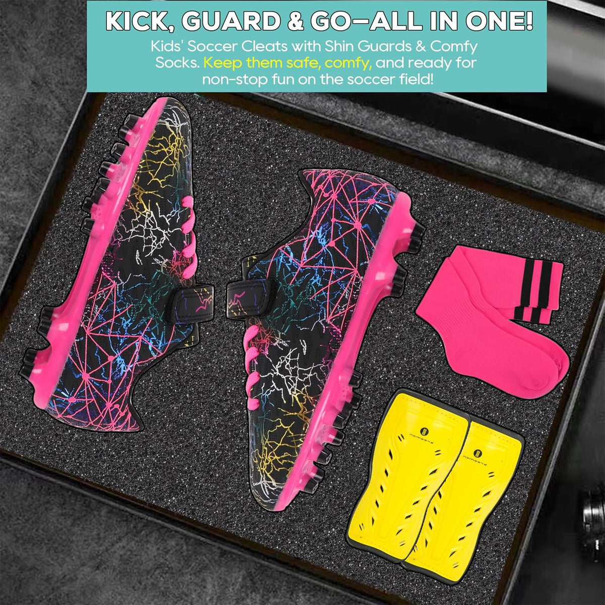 brooman Kids Firm Ground Soccer Cleats Girls Football Cleats with Shin Guards and Soccer Socks