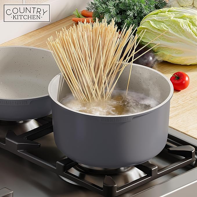Country Kitchen Cookware Set with Removable Handle, Oven & RV Safe Pots and Pans Set, Grey/Ivory Wood Handle, Original
