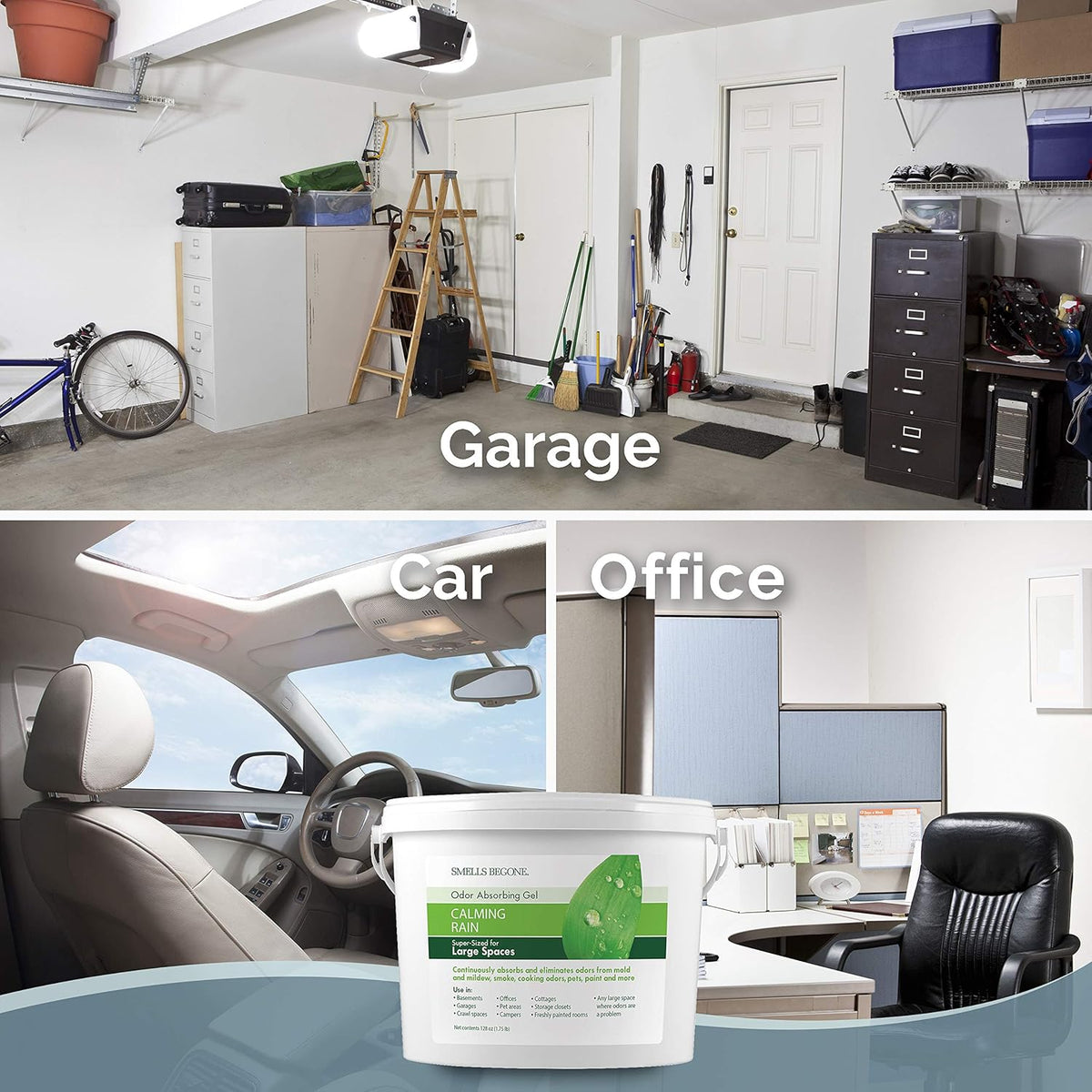 SMELLS BEGONE 1-Gallon Odor Absorber Gel - Air Freshener & Odor Eliminator for Homes, Garages & Commercial Buildings - Industrial Size - Calming Rain Scent