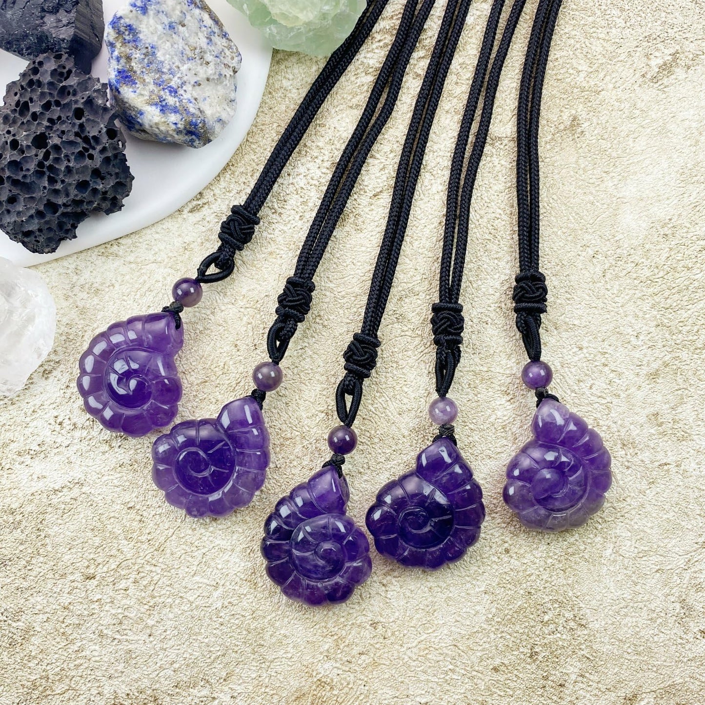 EDEN'S CALL Crystal Conch Shell Necklace for Women Healing Stone Ocean Pendant, Boho Beach Necklace with Polished Natural Gemstone Adjustable Cord Worry Stone Jewelry Gift, Amethyst
