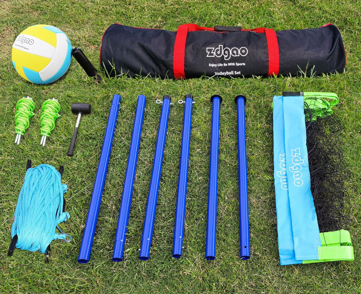Outdoor Portable Volleyball Net System - Adjustable Height Poles with Soft Volleyball Ball, Pump, Hammer, Boundary Line, and Carry Bag for Backyard, Beach, Lawn