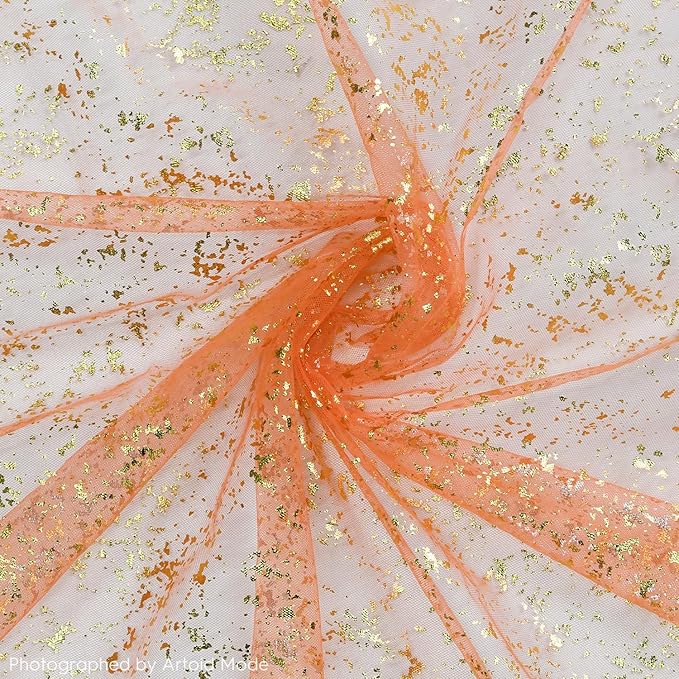 Artoid Mode Orange Gold Gauze Table Runner 120 Inch 10FT, Glitter Metallic Foil Sheer Dining Wedding Anniversary Holiday Table Decor for Home Party