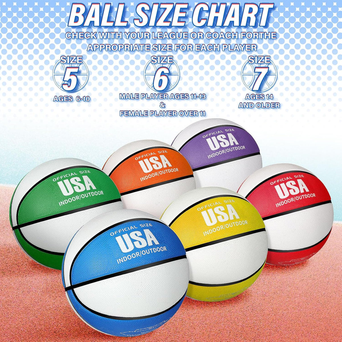 Libima 6 Pcs Official Basketball Indoor Outdoor 2 Color Printed Rubber Basketball with Pump for Game Practice Training Kids Adults Back to School